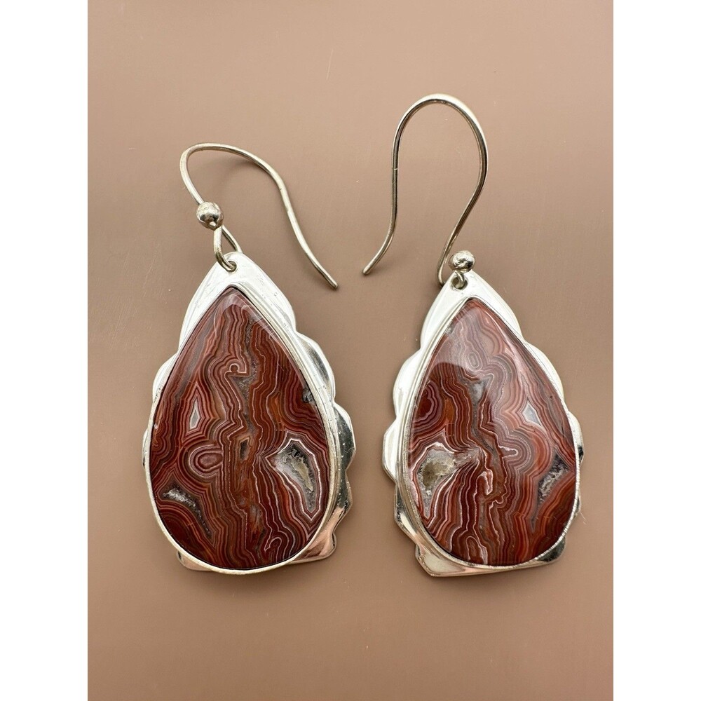 925 Sterling Silver Pear Shaped Lace Agate Earrings